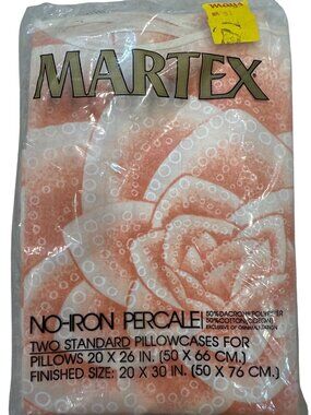 VTG Martex No-Iron Percale Two Standard Pillowcases 20x30 peach/White Floral